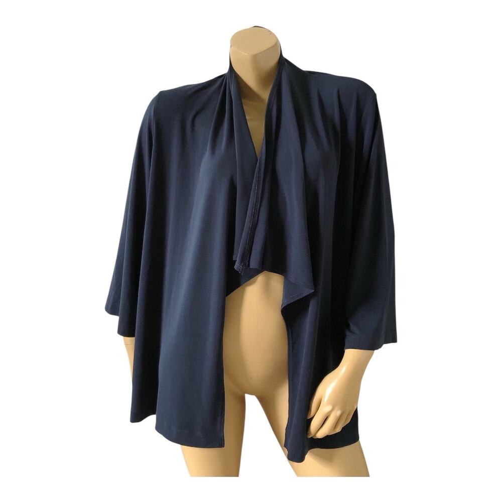 White Stag Top Womens Size L 12-14 Navy Blue Open Front 3/4 Sleeve Stretch Tunic